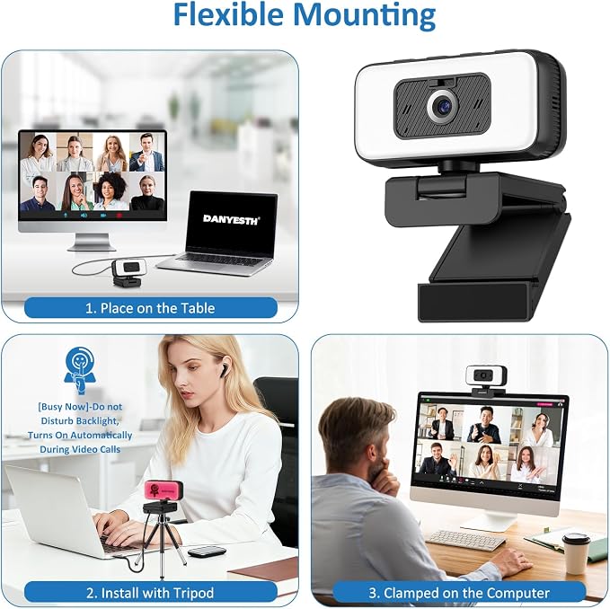 2K Webcam for Laptop, USB Web Camera with Light, Webcam with Microphone, 5X Zoom, Privacy Shutter, Anti-Disturb Backlight
