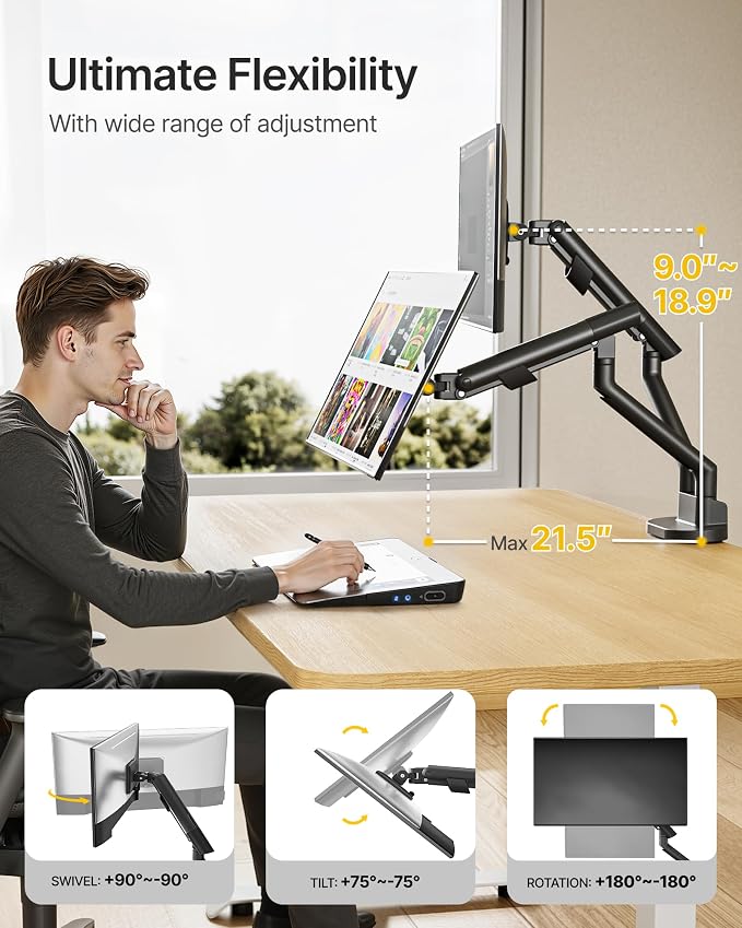 monTEK Dual Monitor Stand for 2 Screens 17 to 35 Inch, Heavy Duty Monitor Mount Arm, VESA Mount Desk Stand with C-Clamp/Grommet Base, Holds up to 24.3 lbs Per Arm, VESA 75/100mm