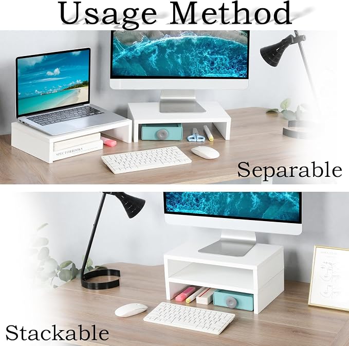 TEAMIX White Monitor Stand Riser - 2 Pack, Wood 2 Tier Adjustable Dual Monitor Riser for Laptop/PC Computer Stand for Desk