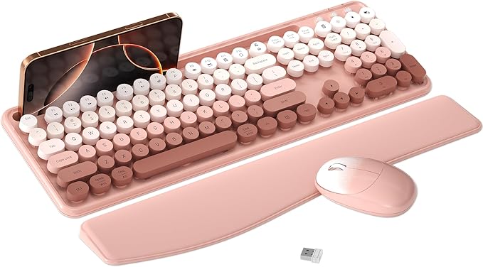 MPTOG Colorful Wireless Computer Keyboard and Mouse Combo with Phone Holder, Wrist Rest, Typewriter Keys, 2.4GHz Wireless, Full-Sized Optical Mouse for PC and Laptop(Peach Colorful)