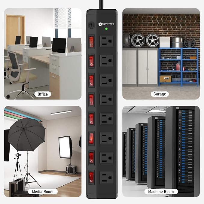 8 Outlet Metal Power Strip with Individual Switches,Heavy Duty Appliance Power Strip with Flat Plug,1200J Surge Protector,10FT Extension Cord,15A 120V 1800W,Home Office School Shop Industrial