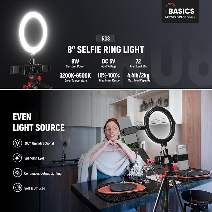 NEEWER Basics 8" Selfie Ring Light with Tripod Stand/2 Phone Holders Compatible with iPhone/3 Cold Shoes/Remote, LED Ringlight Lighting for YouTube TikTok Vlog Video Recording Makeup Streaming, R08