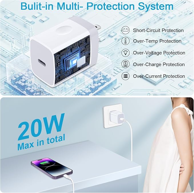 USB C Wall Charger,20W PD 3.0 Fast USB C Charger Plug Type C Charging Block Power Adapter for Samsung Galaxy S25 Edge/S25 Ultra/S24/S23/S22/S21/S20/A16/A15/A14/A55/A35/A36/A56/iPhone 16e/16 Pro Max/15