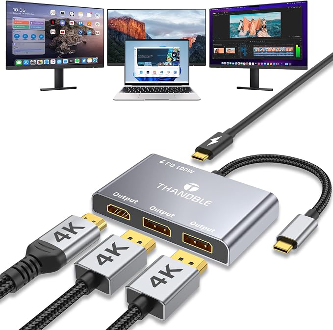 USB C to Dual DisplayPort Adapter and HDMI with 100W PD Charging, Triple 4K60Hz Monitor Extender for Dell/Surface Pro/HP, DP Splitter Extended Display Hub, Laptop Multi-Screen Adapter