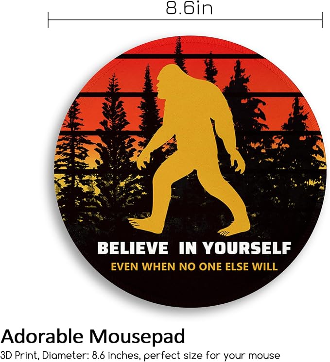 Sasquatch Bigfoot Funny Mouse Pad, Small Round Mouse Pads for Desk, Mini Travel Retro Vintage Motivational Mousepad for Work Wireless Computer Laptop, Office Desk Accessories, Believe in Yourself