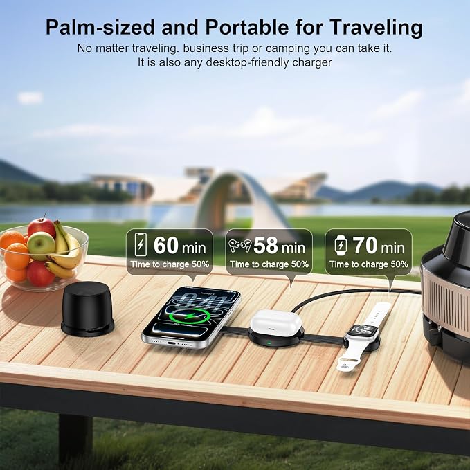 3 in 1 Wireless Charging Station for iPhone 17e, Foldable Portable Travel Magnetic Charging Pad for iPhone 17 16 16e 15 Pro Max Apple Watch AirPods Fast Wireless Charger Apple Device Charging Hub