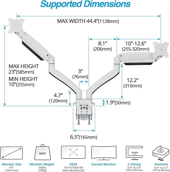 AVLT Dual Monitor Arm Desk Mount for 13"–43" Flat/Curved Screens with USB-A Pass-Through, Full Motion Height Adjustable Swivel Tilt Rotation VESA/C-Clamp/Grommet/Cable Management, White