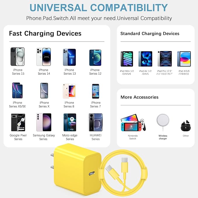 iPhone 17 16 15 Charger Fast Charging Type C Chargers USB C Charger Block iPhone 17 16 15 Air Pro Max Chargers with 12FT Cable for iPhone 17/17 Plus/17 Pro Max/16/16 Plus/16 Pro Max/15 Pro Max(Yellow)