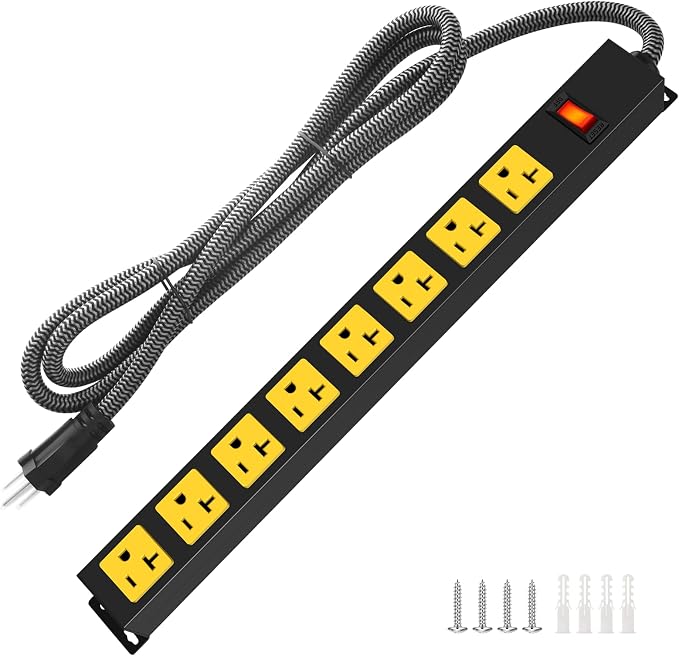 20 Amp Heavy Duty Power Strip, 8 Outlets 12AWG Extension Cord 6-20/T- Slot Plug 1200J Surge Protector with Switch, Wall Mount Metal Outlet for Industrial Shop Workbench Garage (5-15 Plug, 3 FT)