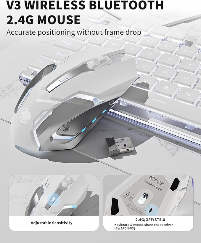 V3 Wireless Keyboard and Mouse with Single Backlit, Metal Panel, Bluetooth/2.4G Rechargeable Computer Keyboard and Mouse Combo Silent Lighted Full Size Cute Keyboards-White