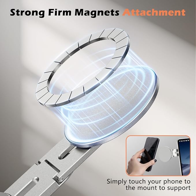 Magnetic Phone Holder for Laptop, 360° Adjustable MacBook Monitor Side Mount for iPhone 17 Pro Max/16/15/14/13/12 MagSafe for Tesla, Portable Foldable Cell Phone Holder Accessory, Silver