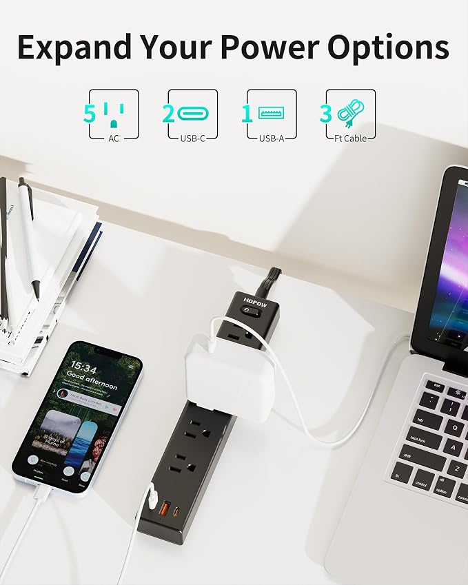 HOPOW Flat Plug Power Strip, 3 Ft Ultra Thin Extension Cord, Surge Protector with 5 Outlets & 3 USB Ports (2 USB C), 1700 Joules, Wall Mount, Desktop Charging Station for Home Office Dorm, Black