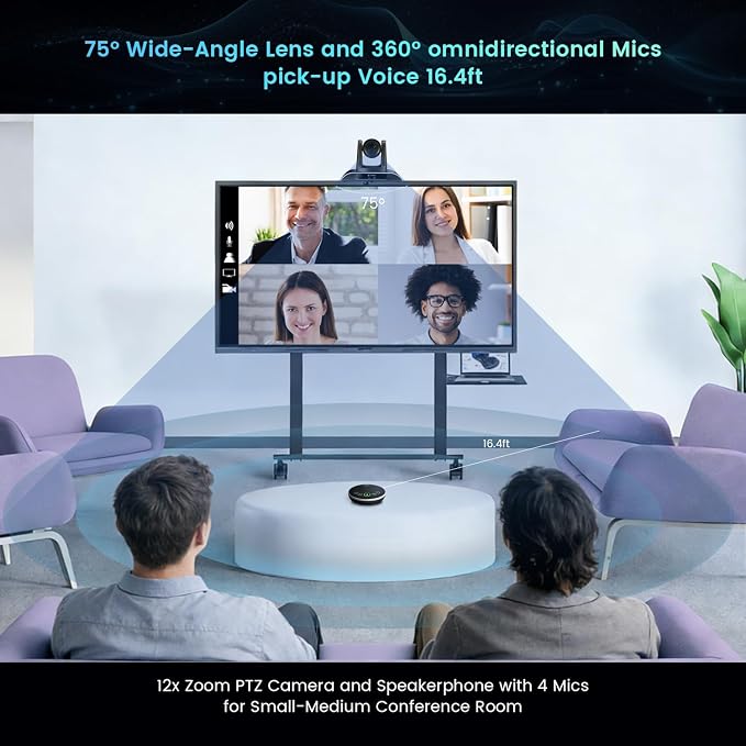 12x Zoom Conference Room Video Camera System, Al Auto-Tracking HD 1080P 60fps 12X Optical Zoom USB3.0 HDMI PTZ Camera 75° FOV and Bluetooth Conference Speaker with Microphones Bundle for Medium Room