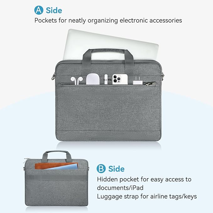 LANDICI 360° Protective Laptop Bag Case 14-15 Inch with Shoulder Strap & Handle, Waterproof Computer Sleeve Cover for MacBook Air/Pro 15, Chromebook 14, Slim Briefcase for Men Women, Grey