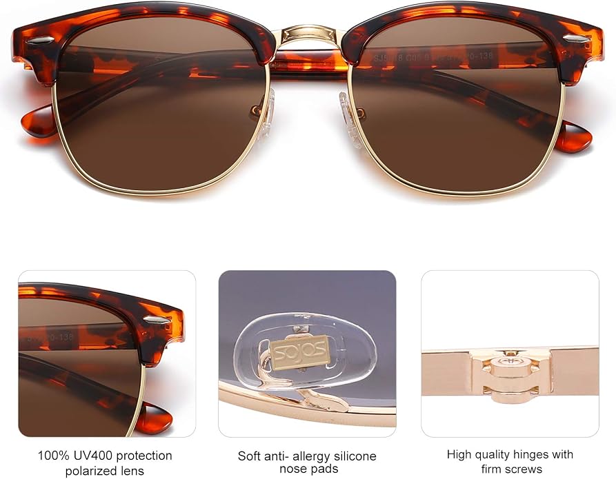 SOJOS Retro Semi Rimless Polarized Sunglasses Horn Rimmed UV400 Glasses SJ5018, Yellow Tortoise Frame/Green Lens