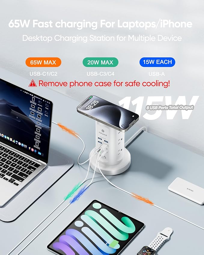 Kakyanill 115W USB Charging Station, Surge Protector Power Strip Tower, 9 AC Outlets with 8 USB Ports(4 USB-C), 6Ft Flat Plug Retractable Extension Cord, for Home Office Dorm, White