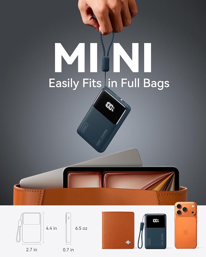 INIU Ultra Compact Portable Charger, 10000mAh 45W Fast Charging Power Bank with Detachable USB-C Cable & Stand, Flight-Safe Travel Battery Packfor iPhone, Samsung, Xiaomi, for Boys, Girls, Blue