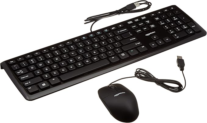 Amazon Basics Wired USB Keyboard and Mouse Combo, Full-Sized Keyboard with QWERTY Layout, Optical Tracking Mouse, Black