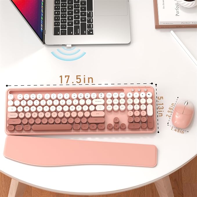 MPTOG Colorful Wireless Computer Keyboard and Mouse Combo with Phone Holder, Wrist Rest, Typewriter Keys, 2.4GHz Wireless, Full-Sized Optical Mouse for PC and Laptop(Peach Colorful)