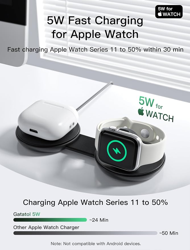 2 in 1 Magnetic Wireless Charger, Qi2 25W Fast Charging Travel Station Pad Compatible with MagSafe for iPhone Air/17/16/15/14/13/12, 5W for Apple Watch, AirPods 4/3/2/Pro with 30W Adapter (Black)