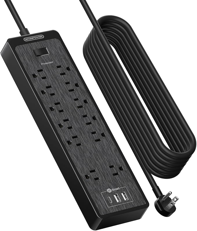 NTONPOWER 25 Ft Extension Cord Flat Plug, 12 Outlets(2 Widely Space) 3 USB with 2100J Power Strip, Overload Protection, 1875W/15A, Wall Mount for Home Office, Workbench or Garage,Black