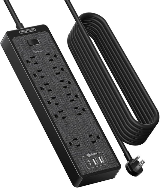 NTONPOWER 25 Ft Extension Cord Flat Plug, 12 Outlets(2 Widely Space) 3 USB with 2100J Power Strip, Overload Protection, 1875W/15A, Wall Mount for Home Office, Workbench or Garage,Black