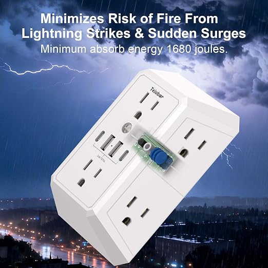 Multi Plug Wall Outlet Surge Protector - Teiobar Outlet Extender with 6 Outlets and 4 USB Ports(2 USB-C), Outlet Splitter for Home Office Dorm Room Essentials, ETL, White