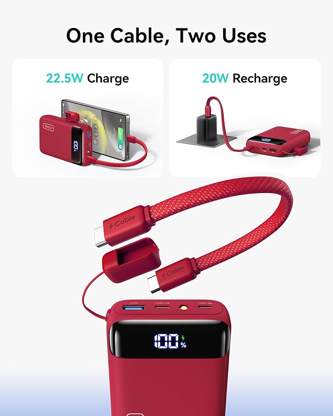 INIU Smallest 20000mAh Power Bank, 22.5W PD Fast Charging Portable Charger with USB-C Cable, Flight-Safe Battery Pack for Travel & Men Business Trips & Workout, Mini Size for iPhone Samsung iPad, Red
