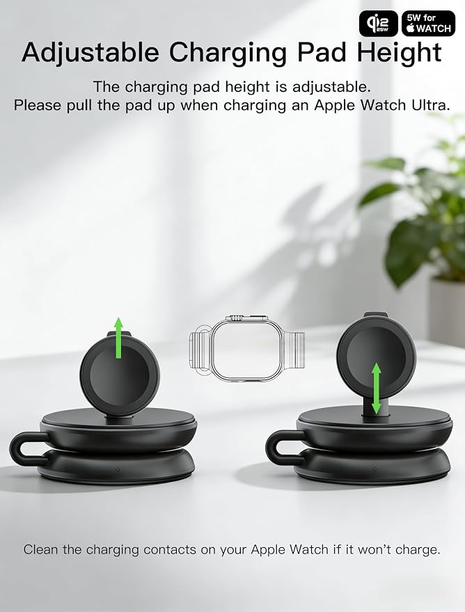 2 in 1 Magnetic Wireless Charger, Qi2 25W Fast Charging Travel Station Pad Compatible with MagSafe for iPhone Air/17/16/15/14/13/12, 5W for Apple Watch, AirPods 4/3/2/Pro with 30W Adapter (Black)