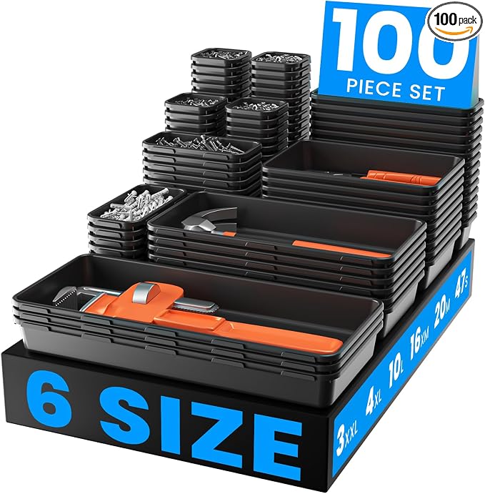 A-LuGei 【𝟲 𝗦𝗜𝗭𝗘 & 100PCS】 Tool Box Organizer Tray Set【Fits 100+ Tools】 Black Plastic Drawer Divider Desk Drawer Organizer Garage Organization for Rolling Tool Chest Cart Workbench Office Storage