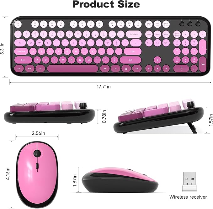 MOFII Wireless Keyboard and Mouse Combo, 2.4GHz Retro Typewriter Keyboard Full Size, Quiet Click Mouse, USB Receiver Plug and Play, for PC, Laptop, Desktop, Windows (Black Pink Gradient)
