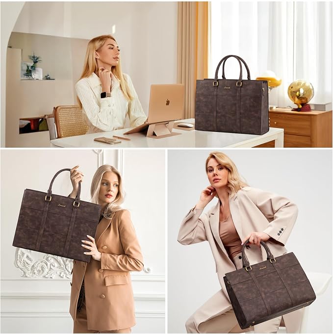 LOVEVOOK Laptop Bag for Women, 15.6 Inch Laptop Tote Bag, Vintage Leather Work Bags for Women, Waterproof Computer bag with Clutch Purse, Large Capacity Briefcase, Business Office Bag | Two-piece set