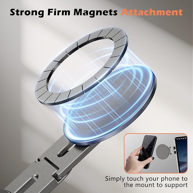 Magnetic Phone Holder for Laptop, 360° Adjustable MacBook Monitor Side Mount for iPhone 17 Pro Max/16/15/14/13/12 MagSafe for Tesla, Portable Foldable Cell Phone Holder Accessory, Gray