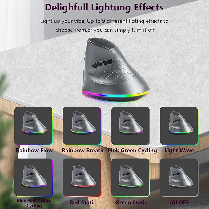 Wireless Mouse, Vertical Ergonomic Mouse 2.4G Bluetooth Dual Mode 3 DPI Rechargeable Connect Multiple Devices Vertical Mouse 6 Buttons and RGB Lights Suitable for PC Laptop Computer(Grey)