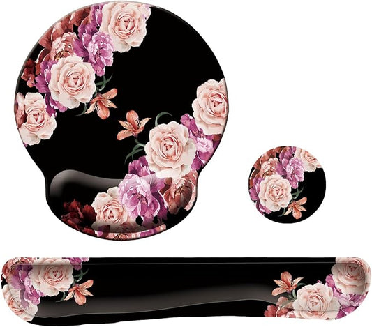 Keyboard Wrist Rest Pad Mouse Pad with Wrist Support Set of 3, Mousepad with Non-Slip Rubber Base, Ergonomic Memory Foam Mouse Wrist Cushion Support for Home Office Laptop Computer Gaming, Flowers