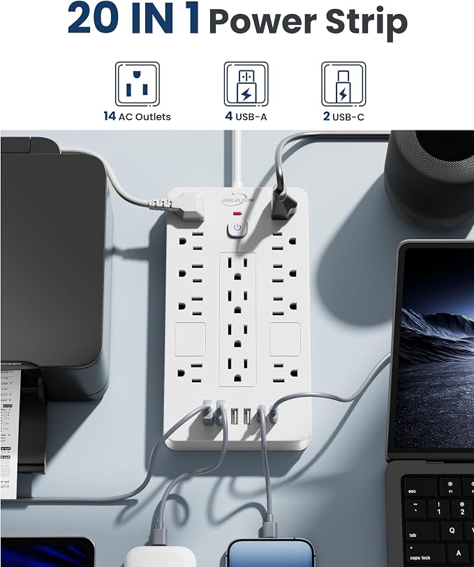 JouleLoom Surge Protector Power Strip-14 Outlets and 6 USB Ports, 15 Feet Flat Plug Extension Cord, 1850 Joules, White, ETL Listed for Home, Office, Dorm Room