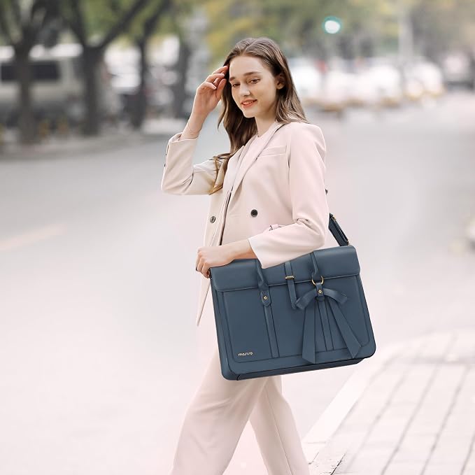 MOSISO Laptop Bag for Women, 17 inch PU Leather Laptop Shoulder Bags Convertible Backpack, 17.3 inch Messenger Bags Casual Handbag Work Briefcase Travel Computer Bag with Bowknot, Peacock Blue