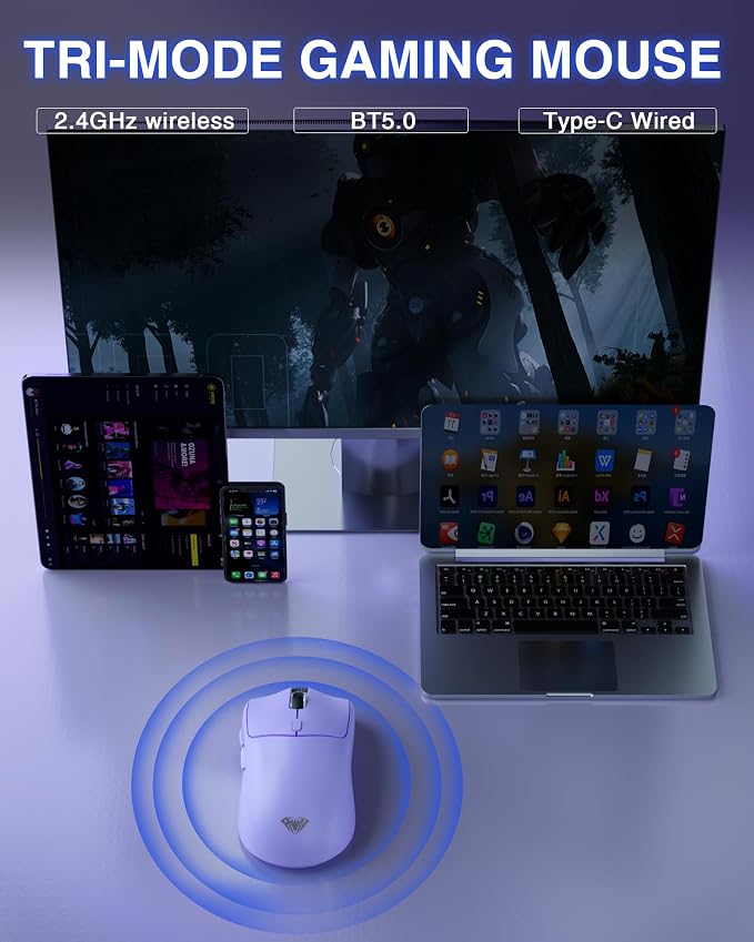 AULA SC580X Wireless Gaming Mouse, Tri-Mode 2.4G/BT5.0/USB-C Gaming Mice with 12000 DPI, 6 Programmable Buttons, Rechargeable Computer Mouse for Laptop/PC/Mac/Tablet