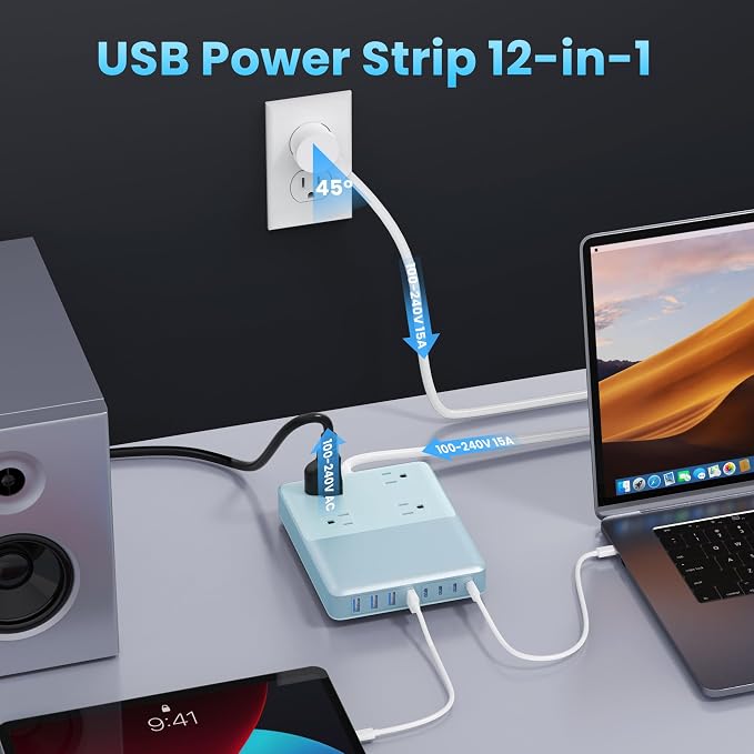 200W Charging Station,12-in-1 USB C Power Strip with Flat Plug and 5ft Extension Cord,4 AC Outlets,4 USB-A,4 USB-C Ports for iPhone 17/16/15,65W PD Fast Laptop Charger for MacBook,Home,Dorm(Sky Blue)
