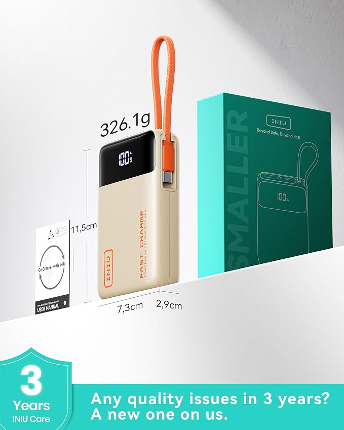 INIU 20000mAh Power Bank, Small 45W PD Fast Charging Portable Charger with Built-in USB C Cable, Flight-Safe Travel External Phone Battery Pack for iPhone 17 Pro Max Samsung S26 iPad etc, Beige