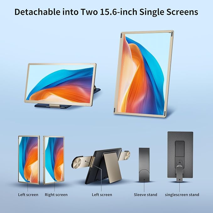 15.6" Triple Laptop Screen Extender, FHD 1080P IPS Laptop Monitor Extender, Detachable Screen Travel Monitor Laptops with Speakers, Plug&Play, Compatible with Mac/Android/Win