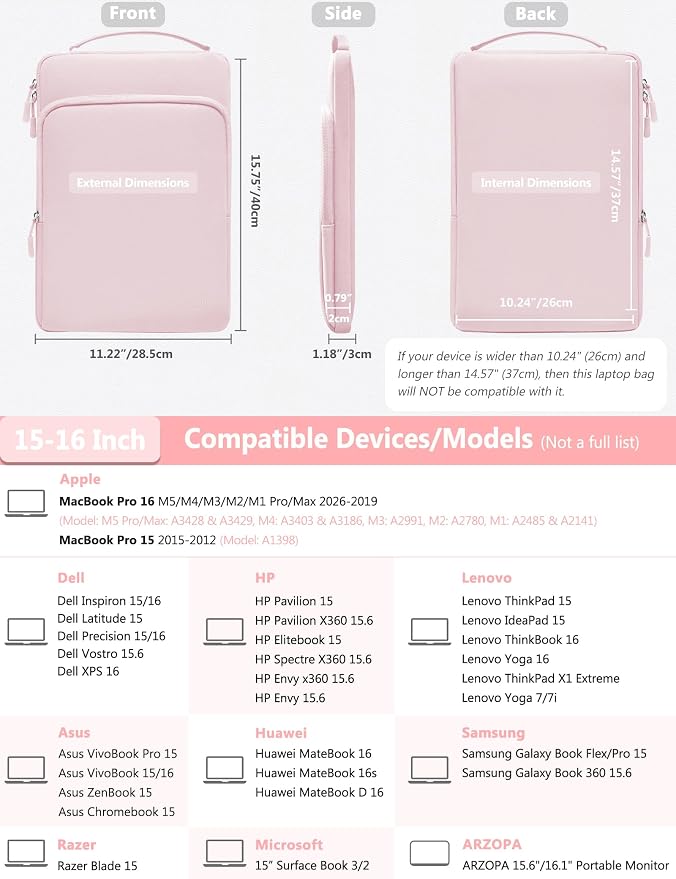 HYZUO 15-16 Inch Laptop Bag Sleeve for MacBook Pro 16 M5 M4 M3 M2 M1 Pro/Max A3428 A3429 2026-2019, 15" Surface Book, Notebook Case for 15" 15.6" Dell HP Lenovo Asus Acer Samsung, Pale Pink