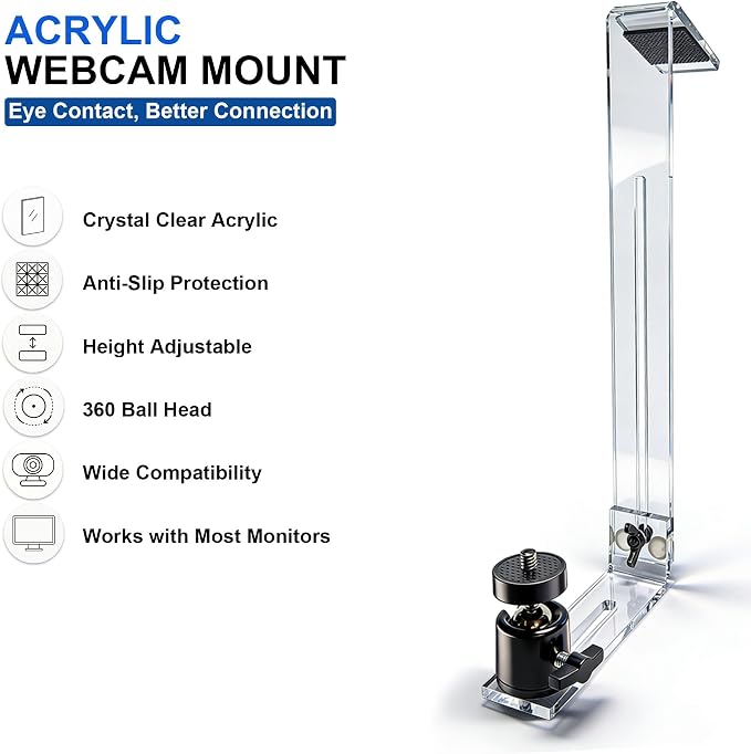 Acrylic Webcam Monitor Arm with Adjustable Pan-Tilt Head & Anti-Slip Pads 5mm Thick - 2-Piece Assembled Design for Desktop PC Laptops Streaming Video Conferencing