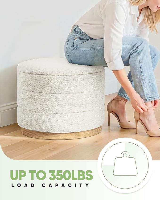B FSOBEIIALEO Round Storage Ottoman with Tray, Folding Ottoman with Storage Coffee Table Foot Rest for Dorm Room Living Room Chenille Fabric,White,22.83"x22.83"x17.32"