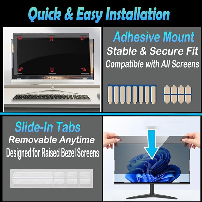 24 Inch Privacy Screen for Computer Monitor, 16:10 Anti-Spy Filter for Laptop & PC Display, Blue Light Blocking Anti-Glare Reversible Protector Film, Easy Slide-Mount Installation(24 Inch Widescreen(16:10))