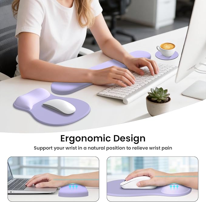 AKIT Ergonomic Mouse Pad and Keyboard Wrist Rest, 3-in-1 Memory Foam Wrist Rest for Computer Keyboard, Non-Slip Base, Pain Relief, Gel Mousepad Set for Gaming, Home and Office, Purple