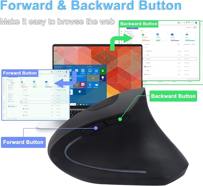 Ergonomic Mouse Wireless 2.4GHz Optical Right Hand Vertical Mouse with USB & Type-C Dual Port Receiver 6 Buttons Portable Silent USB Wireless Mice for PC Laptop Desktop Computer Mac Adult Gifts, Black