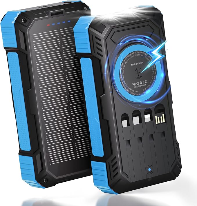 Solar Charger Power Bank 49800mAh, 22.5W PD Fast Charging Portable Phone Charger Built-in 4 Cables with USB C, Wireless Charger for Phone, Dual Flashlights, Solar Battery Charger for Outdoor Camping