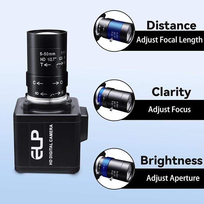 MMlove USB Camera 5MP HD Webcam 5-50mm Manual 10X Varifocus Zoom Lens Lightburn Camera with CMOS OV5640 Sensor for Skype/Zoom/FaceTime/Hangouts,PC/Laptop/Raspberry Pi Free Driver UVC