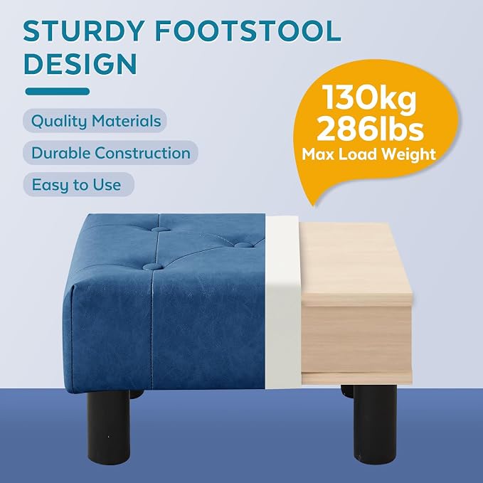 Small Foot Stool Ottoman, Faux Leather Footstool Ottoman Foot Rest for Couch, Rectangle Footstools and Ottomans Small for Living Room, Entryway and Bedroom (Blue)